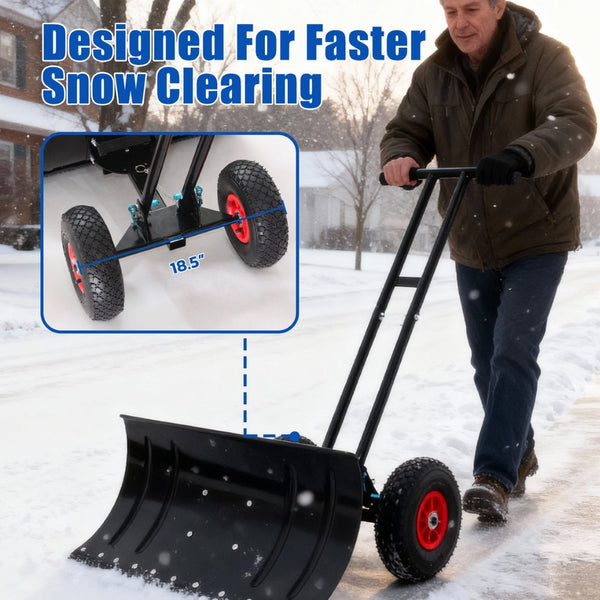 English Elm 30" Carbon Steel Snow Pusher with Wheeled Frame and Adjustable Ergonomic Handle W1422P362636