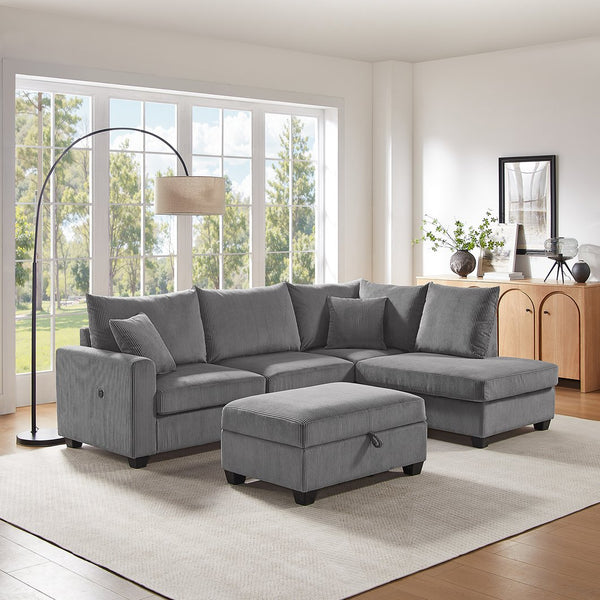 English Elm Rowan 107" Dark Gray Corduroy Sectional Sofa with Right Chaise, USB & USB-C Ports, Storage Ottoman B061S00922
