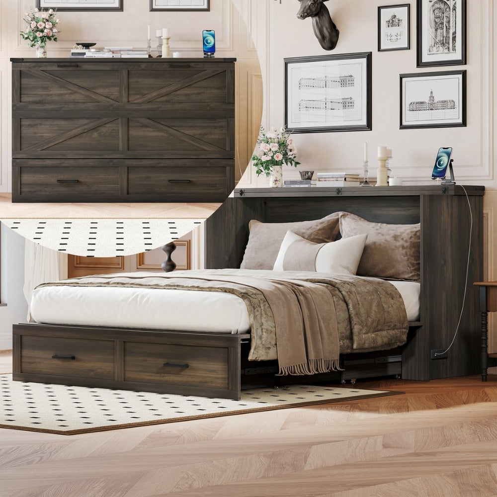 English Elm Queen Farmhouse Murphy Cabinet Bed with Charging Station and Storage Drawer Gray N733S361778G