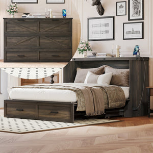 English Elm Queen Farmhouse Murphy Cabinet Bed with Charging Station and Storage Drawer Gray N733S361778G