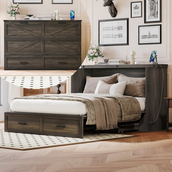 English Elm Queen Farmhouse Murphy Cabinet Bed with Charging Station and Storage Drawer Gray N733S361778G