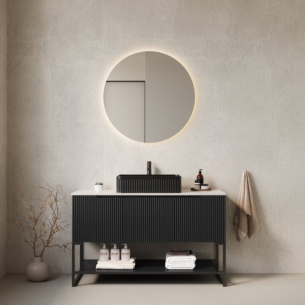 English Elm 48" Freestanding Bathroom Vanity Cabinet Sintered Stone Top Woodgrain Finish Open Shelf W2615S00216