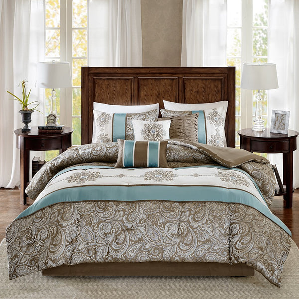 English Elm Jacquard Madison Park Caroline 7-Piece Comforter Set Cal King - Blue Paisley Jacquard, Embroidered Medallions, Brown Piping B03596990