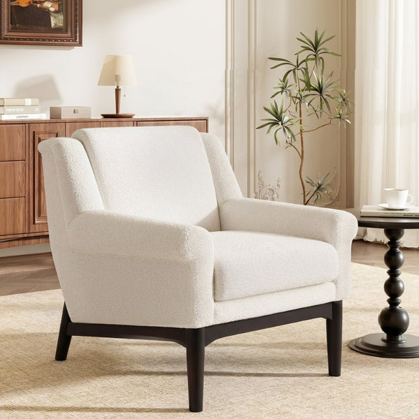 English Elm Modern Boucle Accent Chair Sculpted Flared Arms Birch Legs Mid-century Living Room N723P426251A
