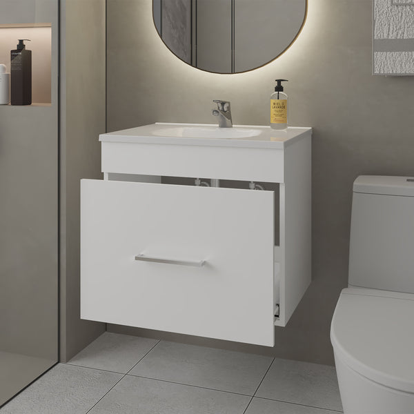 English Elm Story Floating Bathroom Vanity Set with Sink One Drawer - Space-Saving Wall-Mounted Modern Design, Scratch-Resistant Finish White 28 L x 23 W x 12 H B128P314808