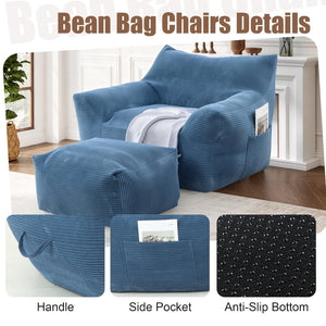 English Elm Bean Bag Chair with Armrests Shredded Foam Fill Oversized Lounge Seat for Adults Blue W5385P433246