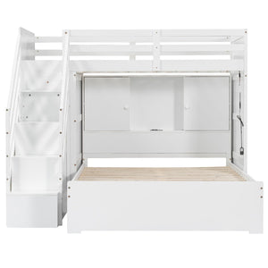 English Elm Twin Over Full Bunk Bed with Wardrobe Storage Stairs Shelves and Usb Charging White LT000292AAK