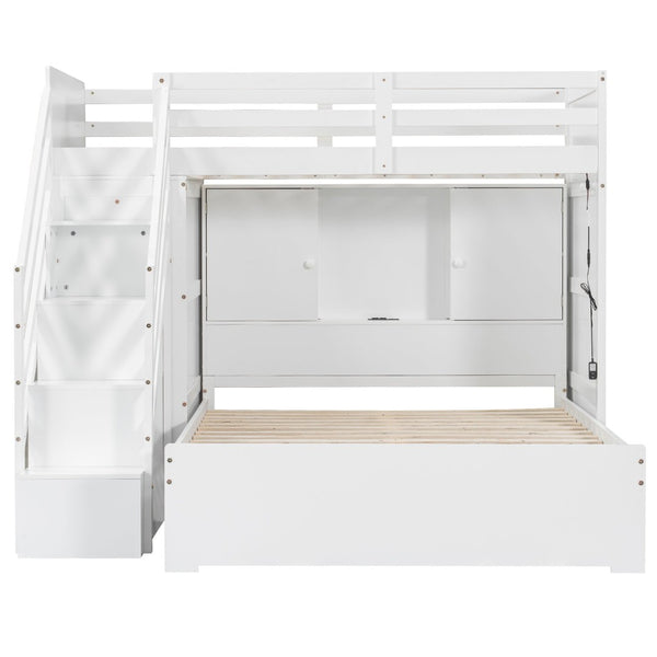 English Elm Twin Over Full Bunk Bed with Wardrobe Storage Stairs Shelves and Usb Charging White LT000292AAK