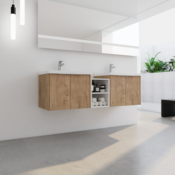 English Elm 60 Inch Wall Mounted Vanity with Dual Resin Sinks, Soft Close Doors, Metal Handles & Shelves Durable Finish Imitative Oak W999S00186