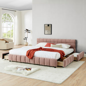English Elm King Upholstered Bed Frame with Plush Chenille Headboard, Modern Storage Drawers & Solid Assembly-Friendly Design Pink W487P235312