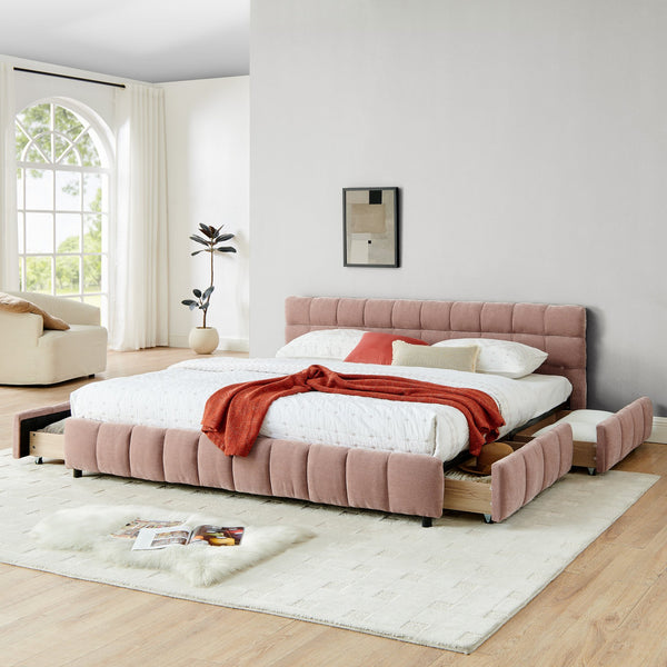 English Elm King Upholstered Bed Frame with Plush Chenille Headboard, Modern Storage Drawers & Solid Assembly-Friendly Design Pink W487P235312