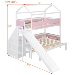English Elm House-shaped Pine Bunk Bed with Built-in Slide Storage Staircase Twin Over Full Kids Frame White+Pink N820S00082K
