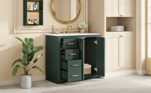 English Elm 36'' Bathroom Vanity with Ceramic Sink Combo, Solid Wood Frame, Soft-Close Drawers and Stylish Retro Groove Design Green N710P291684F