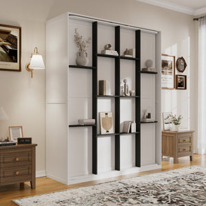 English Elm Rotating Queen Murphy Wall Bed with 14 Open Shelves Hydraulic Lift Space Saving White LP000962AAK