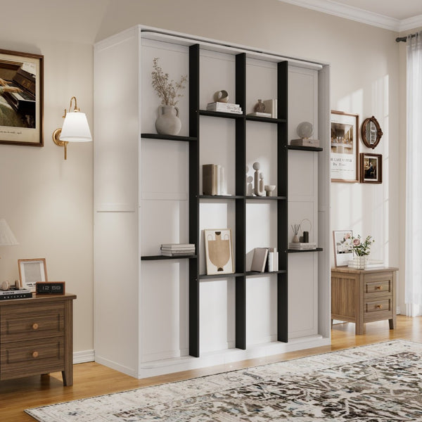 English Elm Rotating Queen Murphy Wall Bed with 14 Open Shelves Hydraulic Lift Space Saving White LP000962AAK