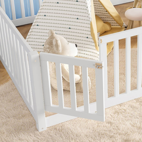 English Elm Queen Kids Floor Bed Pine Wood Frame with Safety Rails Door and Low Profile Design Light White W1580P417672
