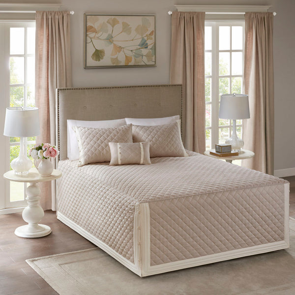 JLA Home Madison Park - 4 Oversized Cotton Reversible Tailored Bedspread Set with Diamond Quilting, Button Trim, Shams & Pillow, Khaki MP13-5488