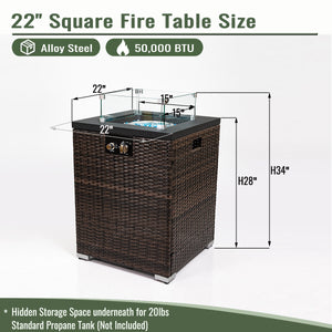 English Elm 22" 22" Propane Fire Pit Table 40,000 BTU with Glass Wind Guard, PE Wicker Base, Rain Cover, Lid W853120911