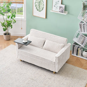 English Elm The pull-out and push-in corduroy sofa with convertible bed, movable tabletop and built-in USB ports Beige W3371P316015