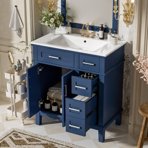 English Elm 30" Freestanding Bathroom Vanity Ceramic Sink Soft Close Cabinet Gray Wood Frame Blue N729P427118C