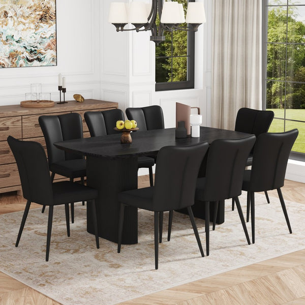 English Elm Table Set - Modern Black Wood Grain Dining Table With 8 Ergonomic Pu Chairs For Stylish Comfort W1151S04182-GIGA