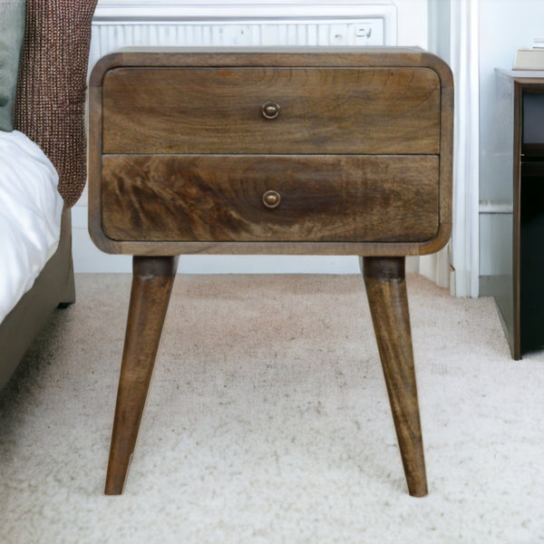 English Elm Curved Solid Wood Grey Wash Nightstand with 2 Drawers, Nordic Legs, Timeless Elegant Accent Piece B182P166523
