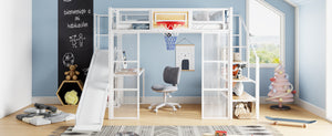 English Elm Full Full Size Metal Loft Bed with Built-In Desk, Slide, Basketball Hoop and Open Wardrobe Storage White GX001524AAK