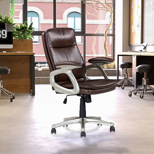 English Elm Mid Mid Back Brown Faux Leather Swivel Office Chair with Ergonomic Armrests, 360° Swivel, Adjustable Tilt, Durable Plywood Frame, Classic Brown PVC Cover B011P213328
