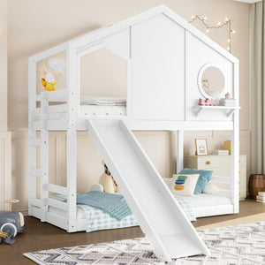 English Elm Full Bunk Bed with Trundle Bookshelf Storage Pine Frame Car Design for Kids Light White W1580S00464