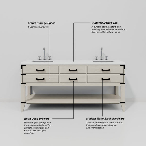 English Elm White Oak Double Bath Vanity 72" W X 22" D With Cultured Marble Top & Chrome Faucet Set Included B2731P260323-GIGA