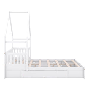 English Elm Wood Queen Size House Platform Bed with Guardrail and 2 Drawers — Charming Kids’ Playful Storage Bedframe White GX000726AAK