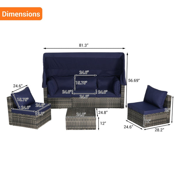 English Elm 5 Piece Outdoor Pe Rattan Daybed Set with Retractable Canopy and Tempered Glass Table Dark Blue W874S00033