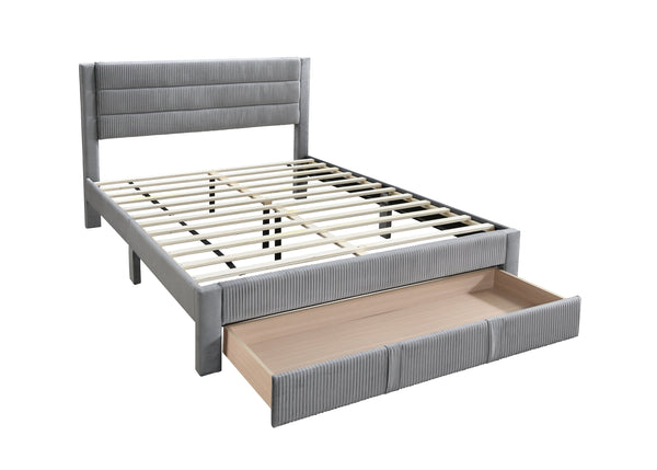 English Elm Luxury Corduroy Upholstered Queen Bed with Horizontal Channel Tufted Headboard and Storage Drawer Gray 62 L x 24 W x 10 H B011P238965