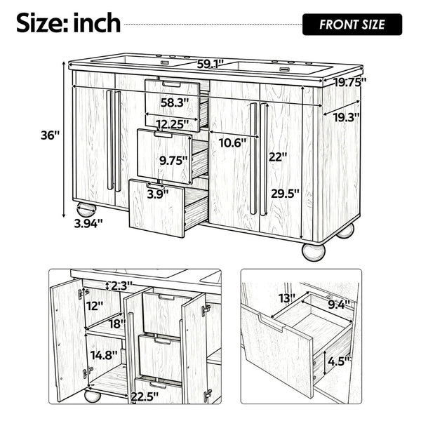 English Elm [video] 59 Inch Double Sink Vanity with Wood Grain Mdf Soft Close Doors and Resin Basins N759S425430N