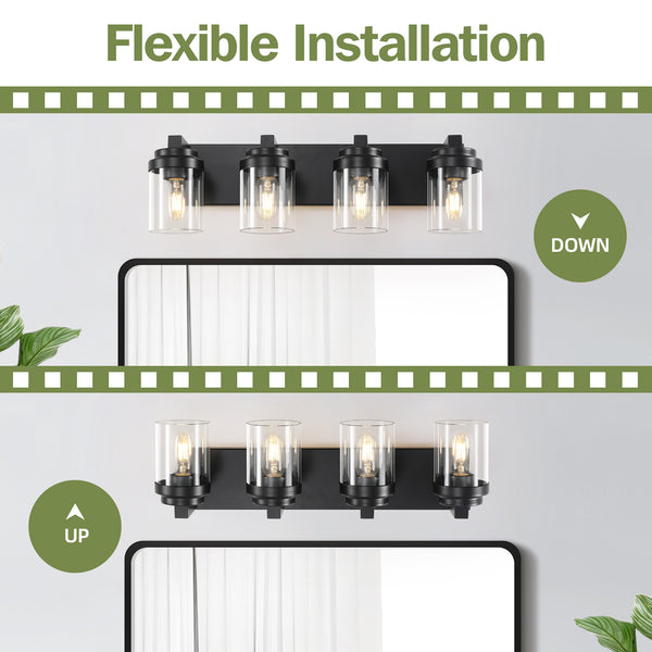 English Elm 4 Matte Black Vanity Light 4-Light Farmhouse Bathroom Fixture with Clear Glass Shades, Water-Resistant LED W2312P389978