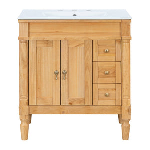 English Elm 30-inch Freestanding Bathroom Vanity Solid Wood Base Ceramic Sink Gold Hardware N729P299368N