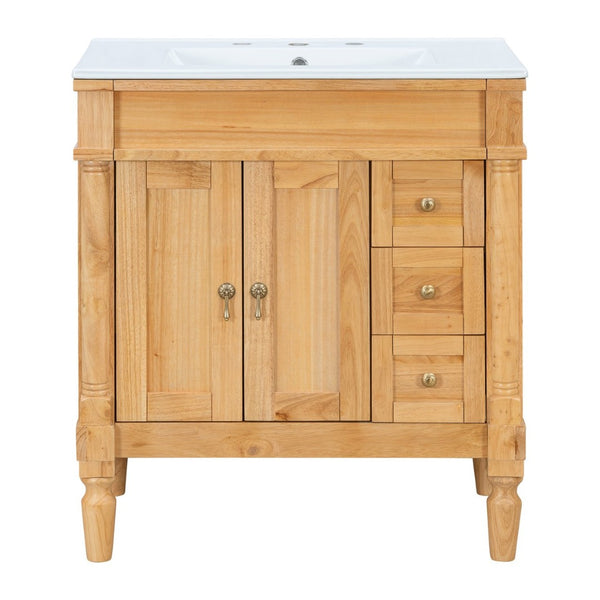 English Elm 30-inch Freestanding Bathroom Vanity Solid Wood Base Ceramic Sink Gold Hardware N729P299368N