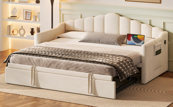 English Elm Upholstered Twin Daybed with Pop-Up Trundle, Built-In USB Type-C Charger, Side Pockets, Velvet Frame Beige 77.25 L x 17.25 W x 5.31 H N733S285118A