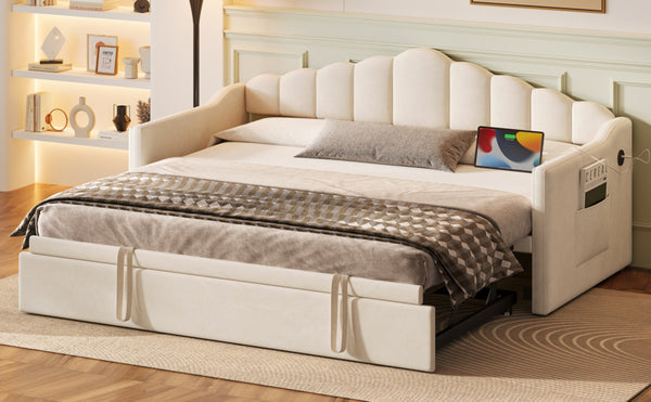 English Elm Upholstered Twin Daybed with Pop up Trundle Velvet Frame and Built in Usb Charging Beige N733S410648A