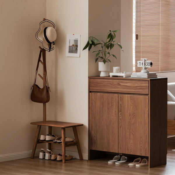 English Elm (Walnut Color) Natural Solid Wood Shoe Stool with Coat Rack Bench, 100% Oak Storage Seat, Mid-Century Modern Organizer for Entryway and Living Spaces W1283P298169