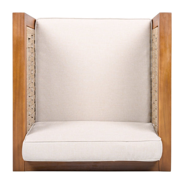 English Elm Acacia Wood Outdoor Lounge Chair with Wicker Arms Teak Finish Patio Seating N779P359687B