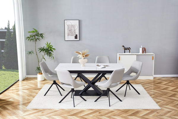 English Elm Modern Extendable Dining Table with Walnut MDF Veneer Top, Dual V-Shaped Metal Base, Sleek Durable Design White Marble W3493S00006