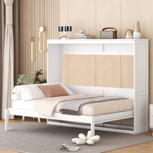 English Elm Full Size Murphy Wall Bed with Cabinet Dual Piston Folding Mechanism for Studio Spaces White LP000664AAK-2