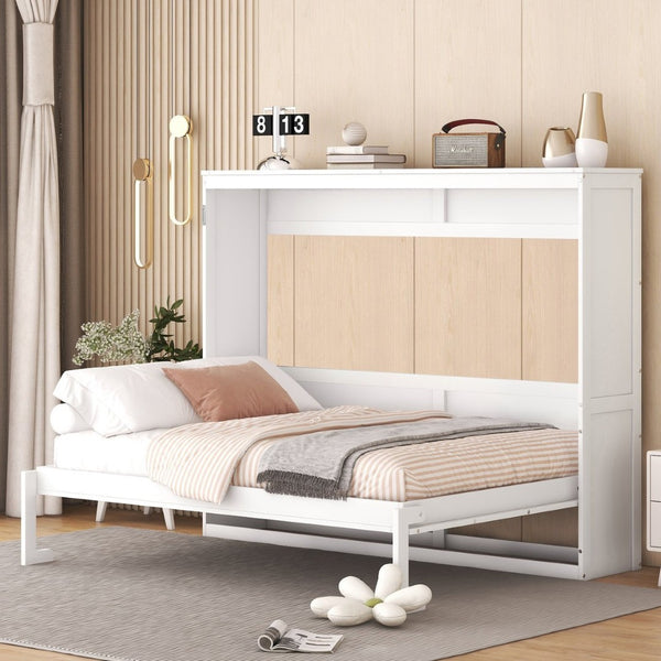 English Elm Full Size Murphy Wall Bed with Cabinet Dual Piston Folding Mechanism for Studio Spaces White LP000664AAK-2