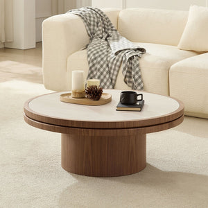 English Elm 35.43 Inch Round Sintered Stone Coffee Table with Mdf Pedestal Base for Modern Living W876S00343