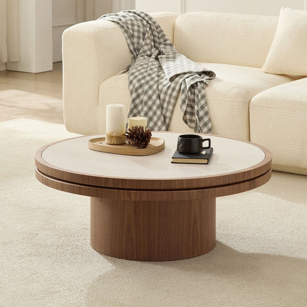 English Elm 35.43 Inch Round Sintered Stone Coffee Table with Mdf Pedestal Base for Modern Living W876S00343