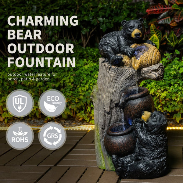 English Elm Outdoor Rustic Barrel Resin Fountain with Led Lights Farmhouse Waterfall Patio Decor W5397P453894