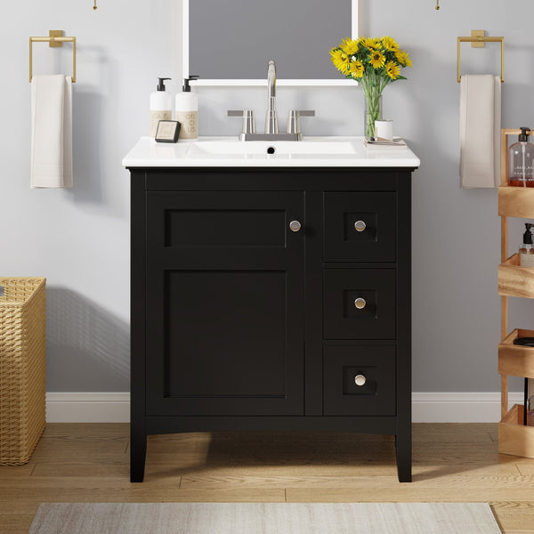 English Elm 30 Inch Bathroom Vanity with Ceramic Sink and 3 Smooth-Glide Drawers, Modern Moisture-Resistant Storage Black N710P252105B