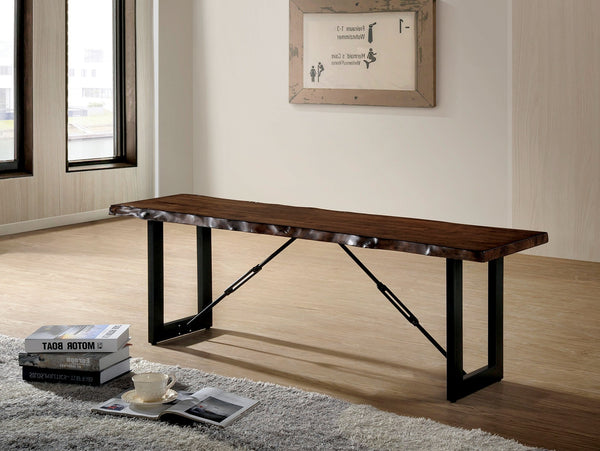 English Elm 1pc Industrial Bench with Live Edge Walnut Seat, U-Shape Metal Base & Chain-Link Accent, Rustic Modern Dining B2741P366064