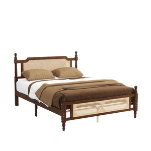 English Elm Queen Pine Bed with Rattan Headboard & Footboard, Walnut Finish, Space-Saving Central Platform Design W504P269833